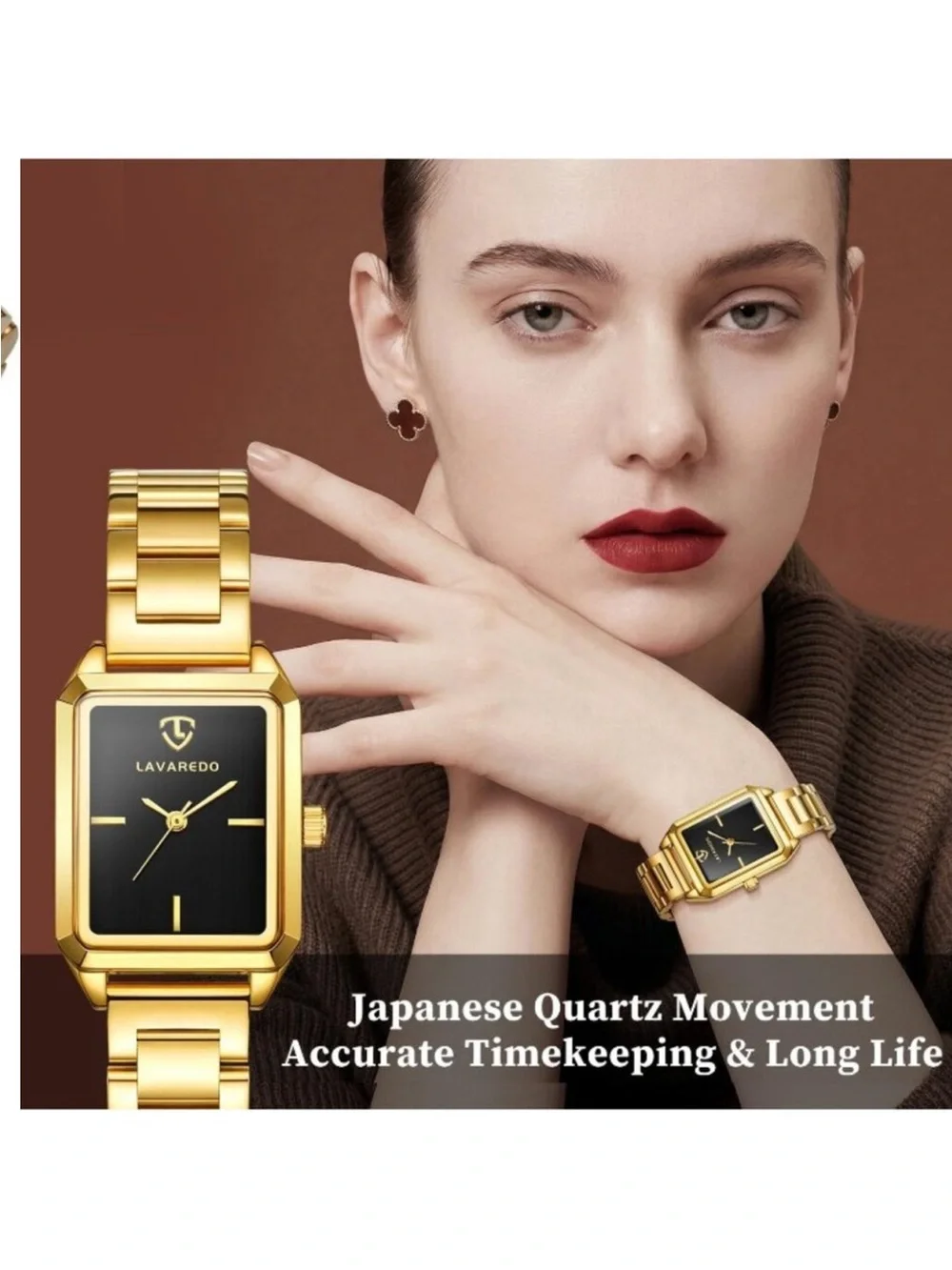 Womens Gold Black Analog Quartz Stainless Steel Waterproof Luxury Bracelet Watch
